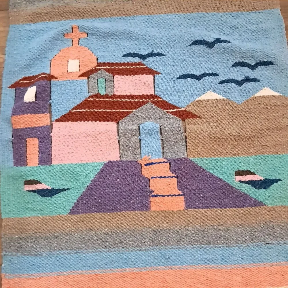 Vintage Mexican Pastel Houses church Wall Hanging decor Tapestry southwest woven